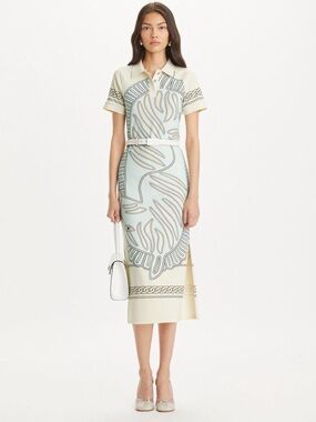 NWOT Tory Burch Printed Mesh Polo Midi Dress In Blue Zebra Scarf. Size S